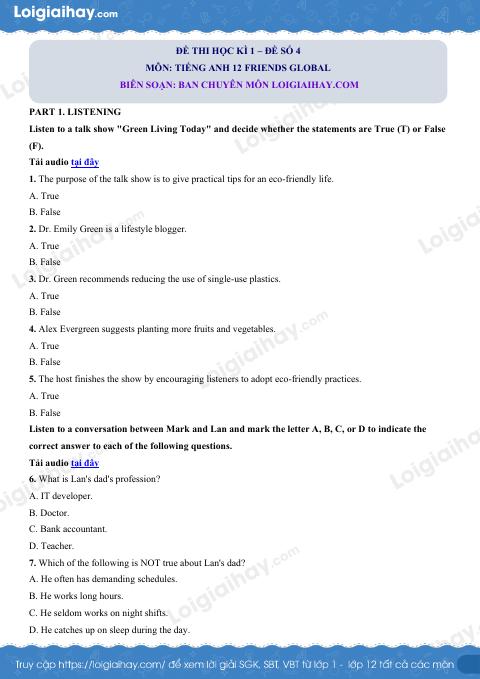 Đề thi học kì 1 Tiếng Anh 12 Friends Global - Đề số 4